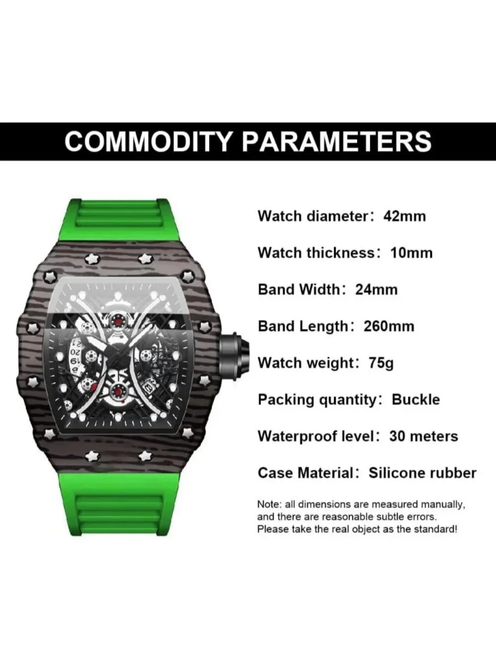 Men's Green And Black Analog Silicone Strap Barrel-Shaped Skeleton Luxury Watch